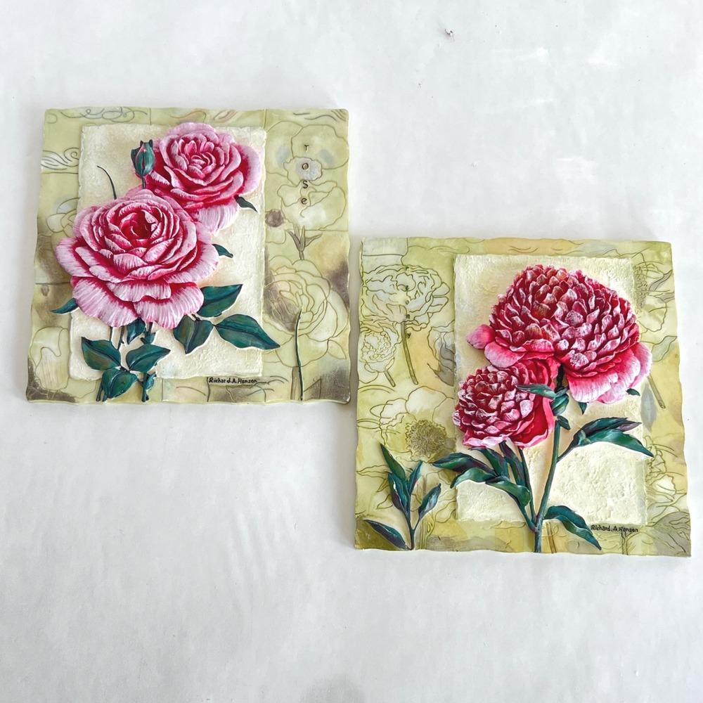 Richard A. Henson 3D Floral Wall Art Tiles Rose and Peony Signed Set of 2